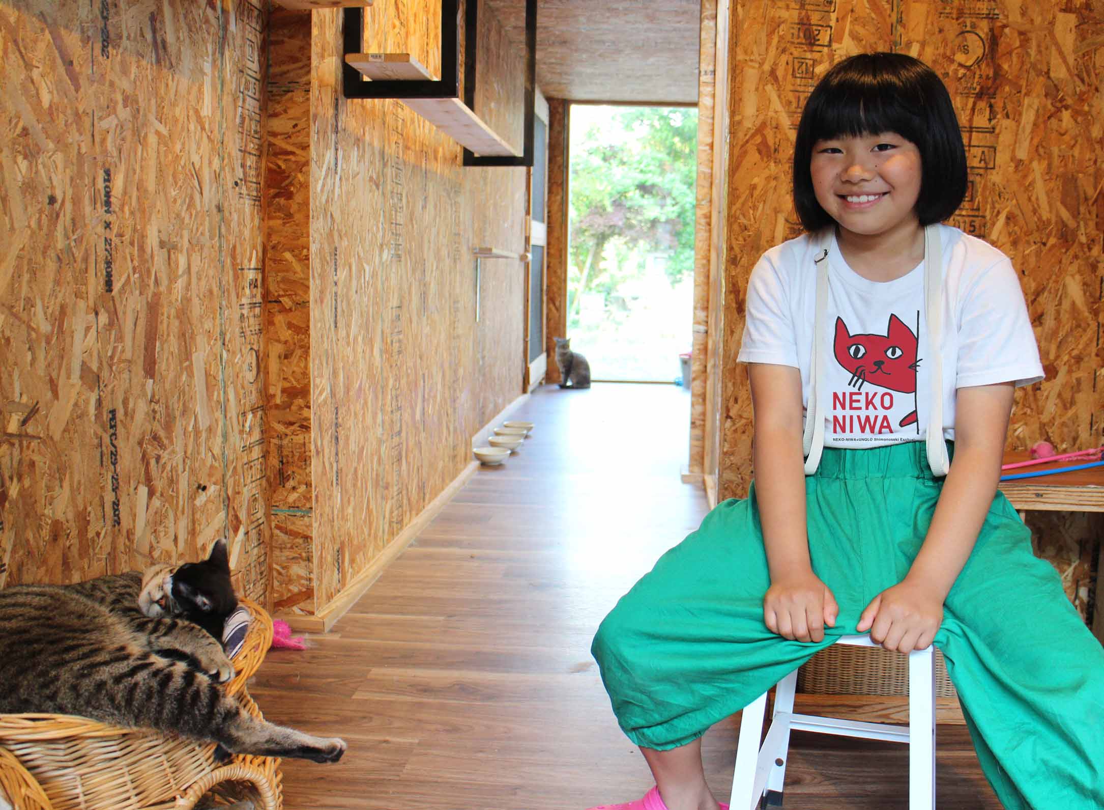 猫庭のTシャツを着る女性と猫